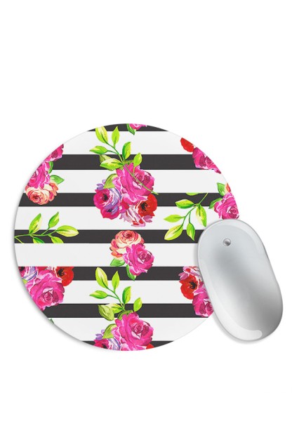Black White Stripes With Floral Pattern Mouse Pad